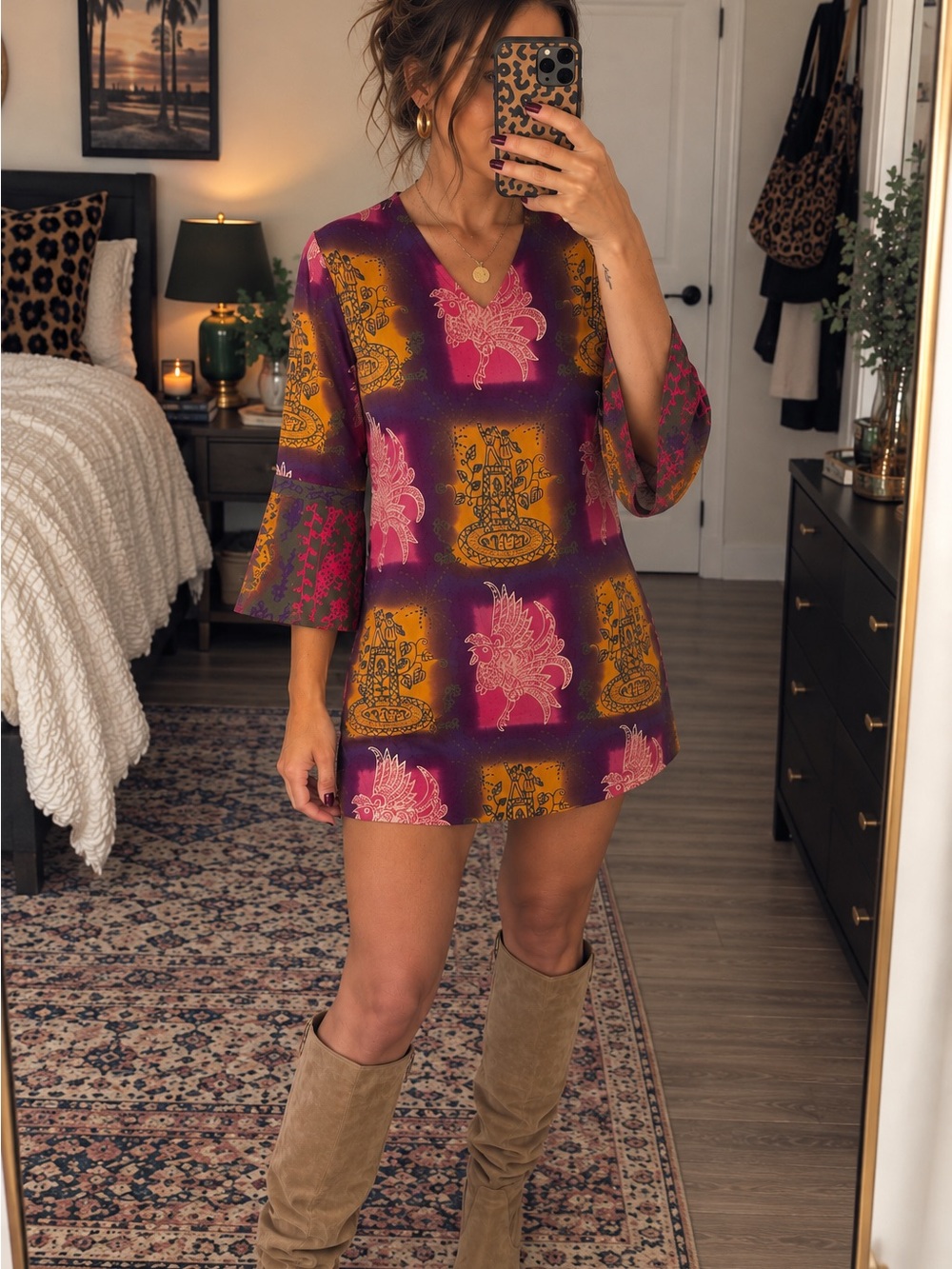 Batik betawi Boho V-Neck Mini Dress in Purple and Gold Print